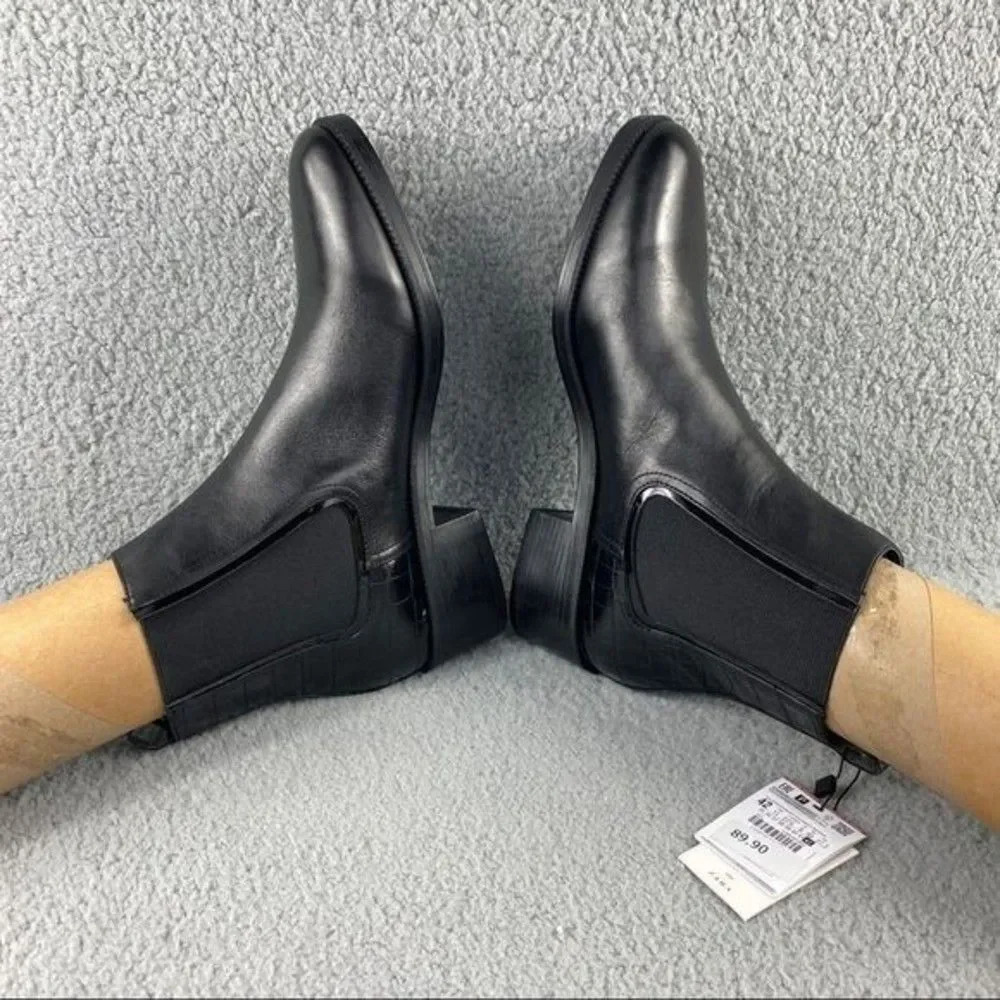 NEW zara bootie black leather ankle boots elastic GUSSET pull on womens 11 EU 42 - Picture 7 of 16